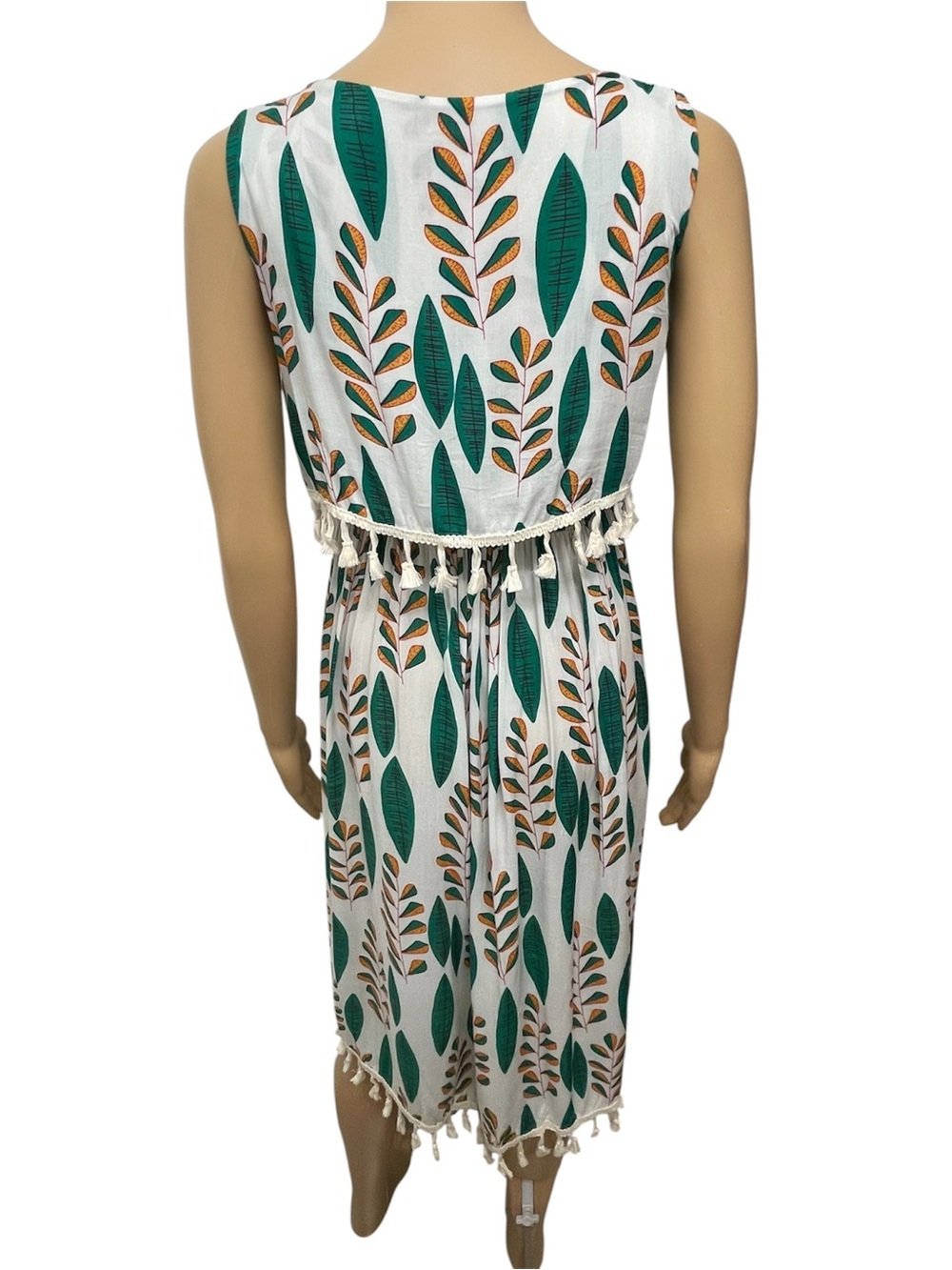 Cotton Sleeveless Leaf Print Tassel Hem Summer Mini Dress - White/Green size S - Picture 7 of 7